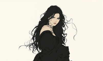 Naklejka premium A portrait of a woman with flowing black hair, wearing an elegant black dress, posing against a light background in an artistic style