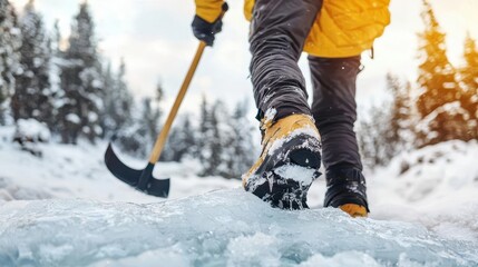 Hiker with ice ax scaling frozen waterfall, rugged landscape, extreme winter adventure