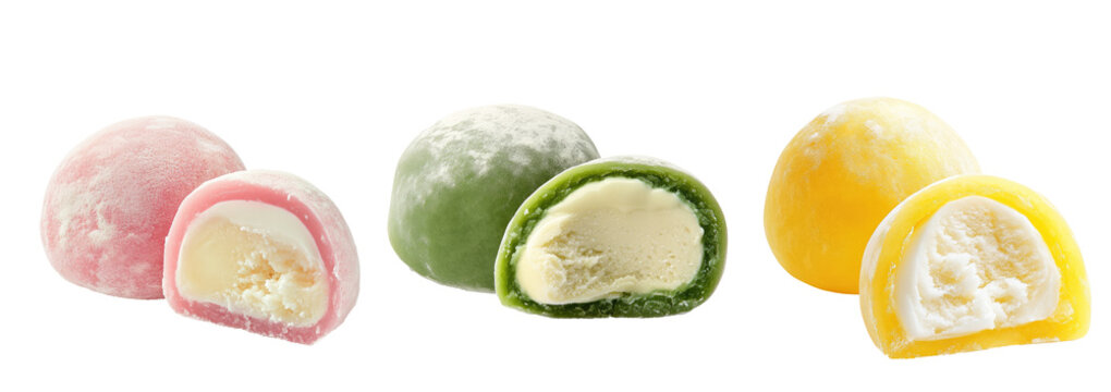 Three delicious mochi ice creams with slices in different colors on transparent background
