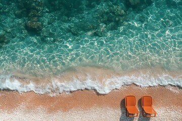 Obraz premium Beach Chairs on a Sandy Shore with Crystal Clear Turquoise Water - Photo