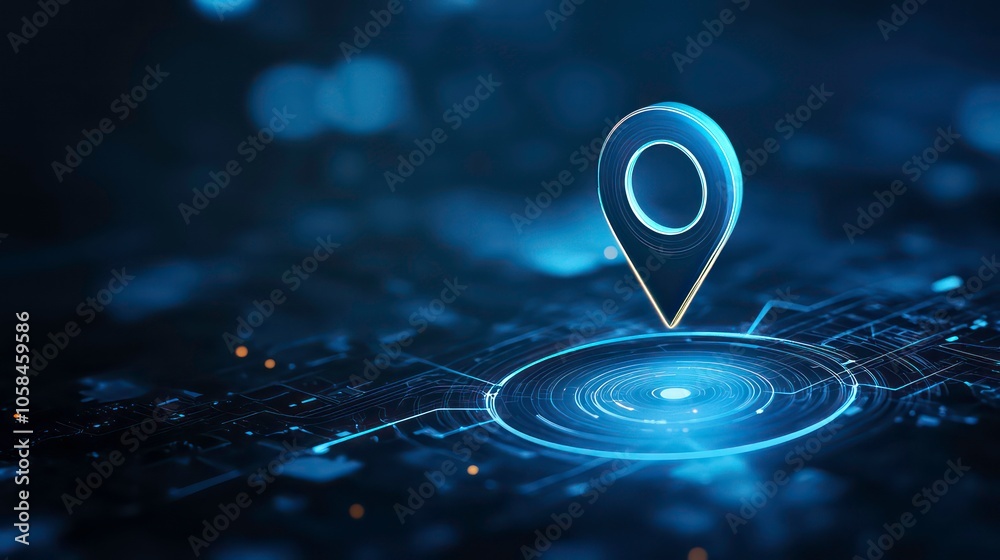 Poster a digital map pin icon on a futuristic technology background.