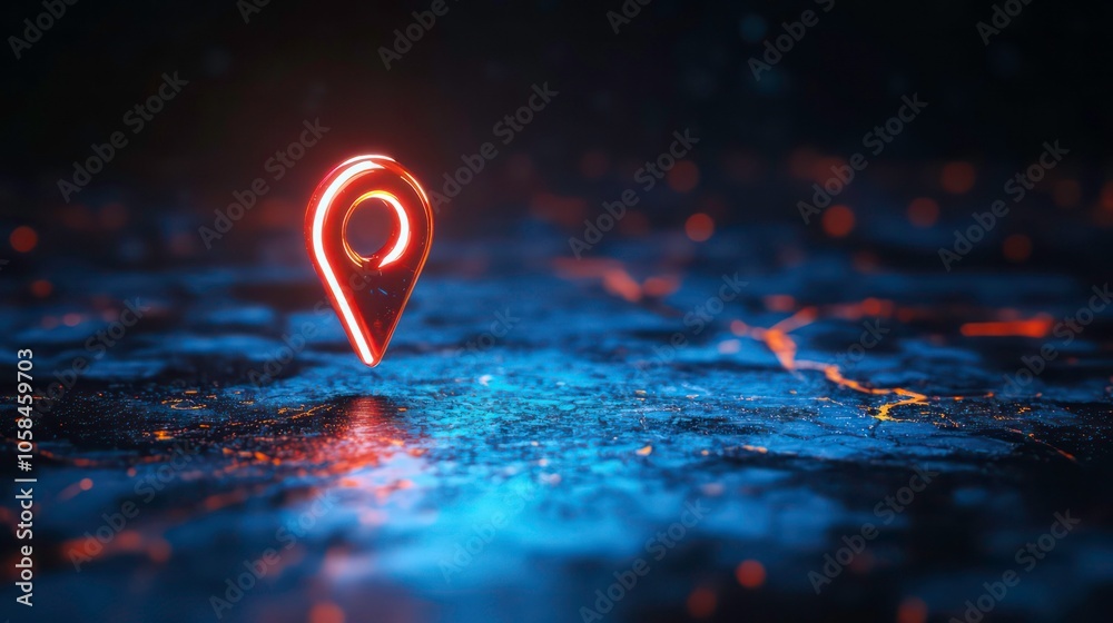 Poster a glowing location pin on a dark, textured surface, symbolizing navigation or mapping.