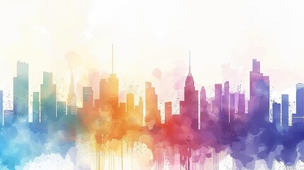 Illustration of Vibrant Watercolor City Skyline with Colorful Paint Splashes
