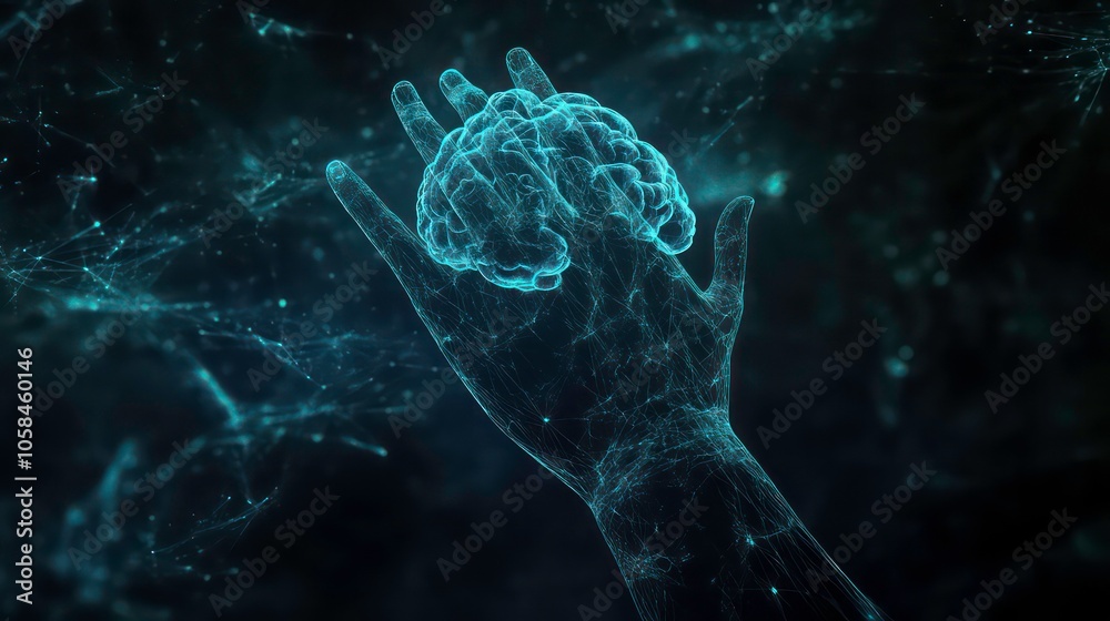 Aufkleber on a dark background, a digital hand hologram is seen on a copy space. the brain is connected with s