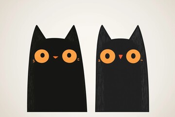 Two cartoon black cats with orange eyes standing side by side against a neutral background, showcasing a playful and whimsical design