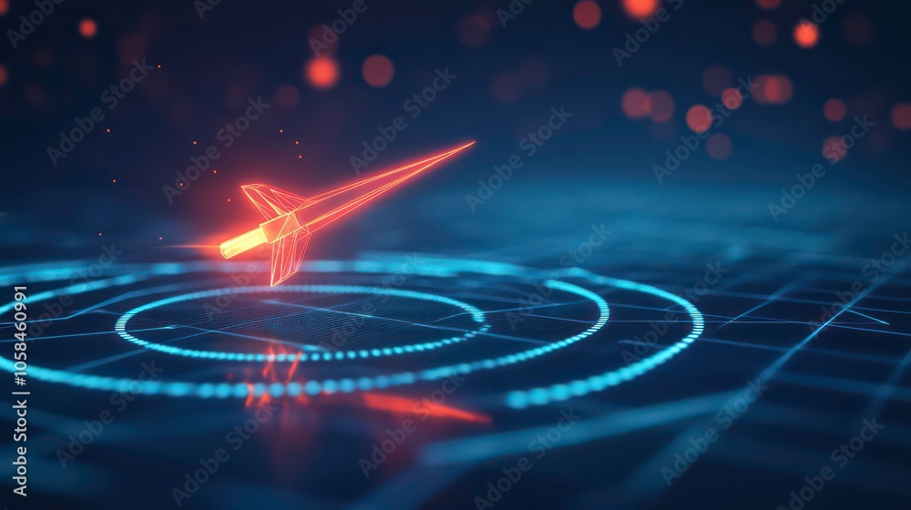 Poster A digital representation of a missile targeting system on a futuristic grid background.