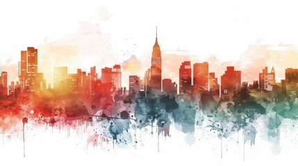 Obraz premium Illustration of Vibrant Watercolor City Skyline with Colorful Paint Splashes 