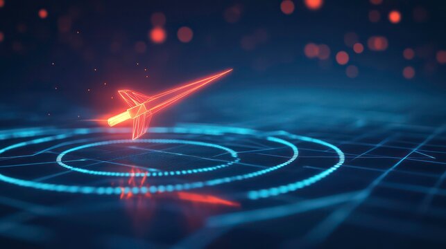 A digital representation of a missile targeting system on a futuristic grid background.