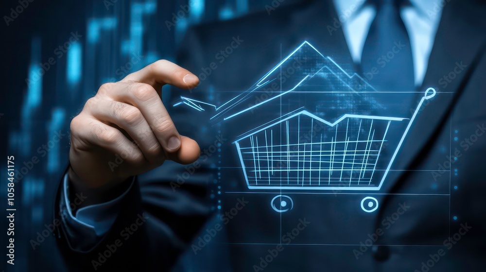 Poster a business professional interacts with a digital shopping cart and growth chart graphic.