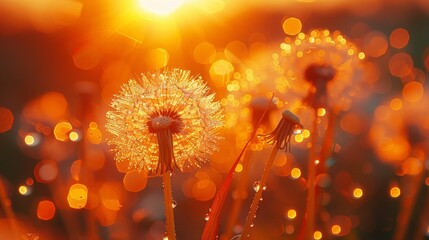 Dew-covered dandelion seeds with glowing sunset background.