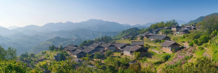 Idyllic Mountain Village: Charming Cottages and Blooming Gardens in Picturesque Landscape under Bright Sun - Ultra-Detailed Panoramic View