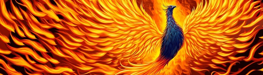 Obraz premium In this captivating stock photo, a majestic Phoenix rises from the depths of a mysterious forest, its vibrant plumage ablaze with flames that symbolize renewal and strength