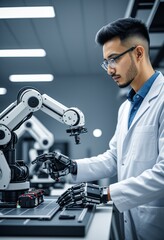 Engineer testing robotic arm in advanced technology lab for innovative automation solutions