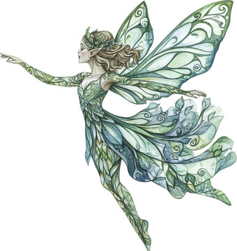 Fairy with light green wings and floral accents, black background

