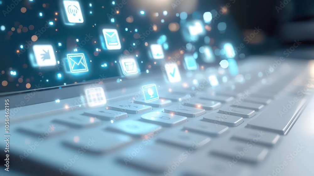 Poster A laptop keyboard with floating digital icons representing various applications and communication.