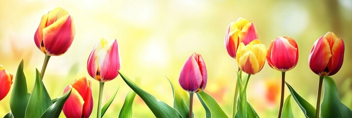 Obraz premium A vibrant display of tulips in various colors against a soft, glowing background.