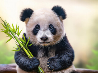 Obraz premium panda holding bamboo branch