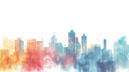 Obraz premium Illustration of Vibrant Watercolor City Skyline with Colorful Paint Splashes 