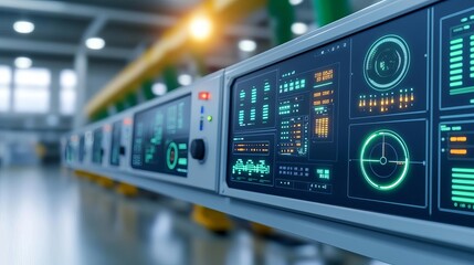Fototapeta premium High-tech control panel with various digital displays in a modern industrial setting. Showcases advanced technology and efficiency.