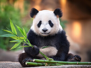 Obraz premium panda holding bamboo branch