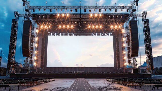 Empty stage with spotlights and a blank screen ready for a concert or event.