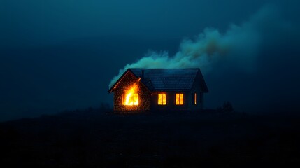 A burning house in the dark, creating an eerie atmosphere with smoke billowing out.