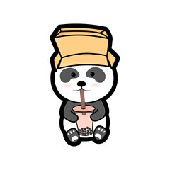 Illustration vector graphic of panda wearing a cardboard hat is drinking.