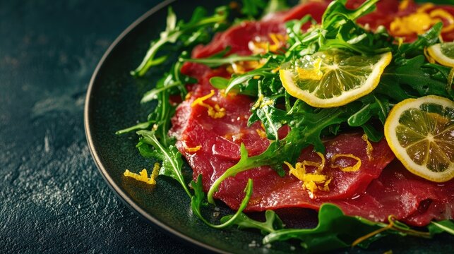 A plate of mouth-watering Italian beef carpaccio garnished with fresh arugula and lemon zest. The dish is captured with elegant lighting, leaving room for branding or text.