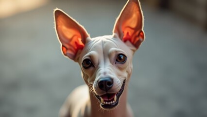 A small white dog with big ears looking at the camera