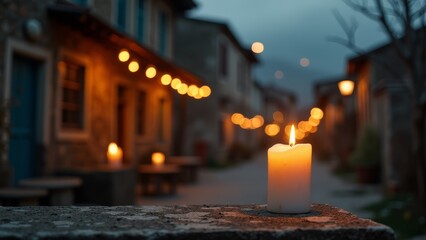 A lit candle sitting on top of a stone wall