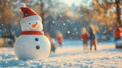 Fototapeta premium Panoramic view of a happy snowman in a park, children playing in the background, with space for text above.