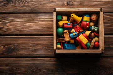 Wooden box with children toys on wooden floor background with copy space.