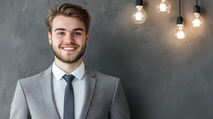 An energetic image of a successful young businessman flashing a bright smile, his eyes lit up with enthusiasm, set against a sleek and modern grey backdrop.