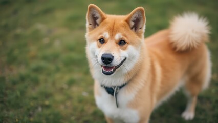 A brown and white dog standing on top of a lush green field