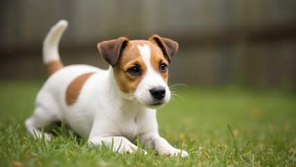 A small brown and white dog laying in the grass