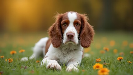 A brown and white dog laying in a field of flowers