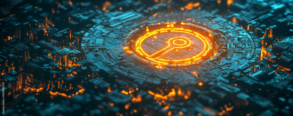 Wall mural glowing key symbol surrounded by digital circuit board, representing security and technology. vibran