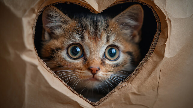 portrait of a cat, paper with a heart-shaped hole, cardboard texture, cat face front view, cat inside a box