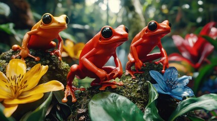 Three red poison dart frogs sitting on a branch with colorful flowers in the background