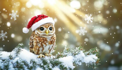 Fototapeta premium A festive owl wearing a Santa hat sits on a snowy branch, surrounded by falling snowflakes and soft sunlight, evoking a cheerful winter scene.