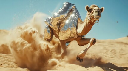 Obraz premium A camel adorned in shiny fabric gallops through a sandy desert, kicking up dust.