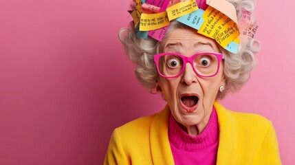 Woman with a pink shirt, glasses is wearing a head full of sticky notes. sticky notes are of various sizes, colors, they are scattered all over her head. woman is surprised or shocked by the situation