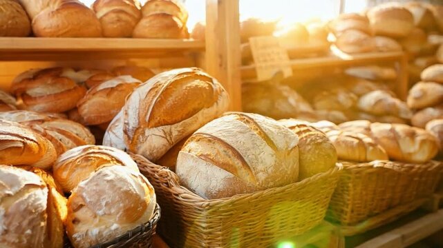 Freshly baked artisan bread displayed in baskets at a warm bakery during sunset