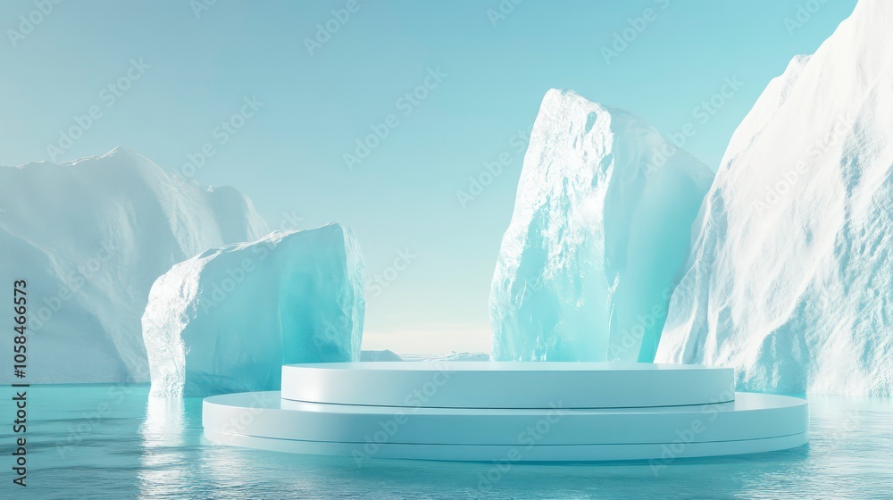 Poster serene icy landscape with a circular platform surrounded by icebergs in calm water.