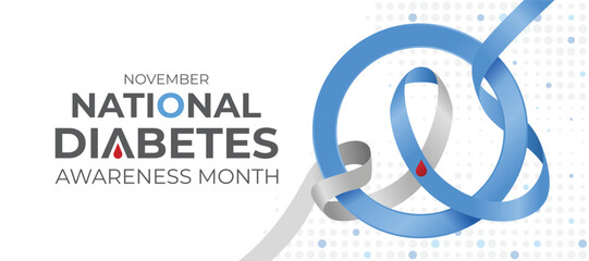 November, National diabetes awareness month - Blue and gray ribbon with red blood drop pin cross blue circle ring symbol on dot texture background vector design