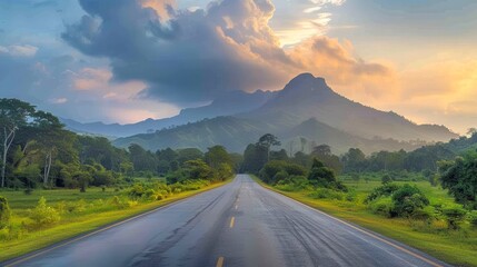 Naklejka premium A scenic road winds through lush greenery, leading towards majestic mountains under a dramatic sky at sunset, This image is ideal for travel blogs, outdoor promotions, or nature-themed projects,