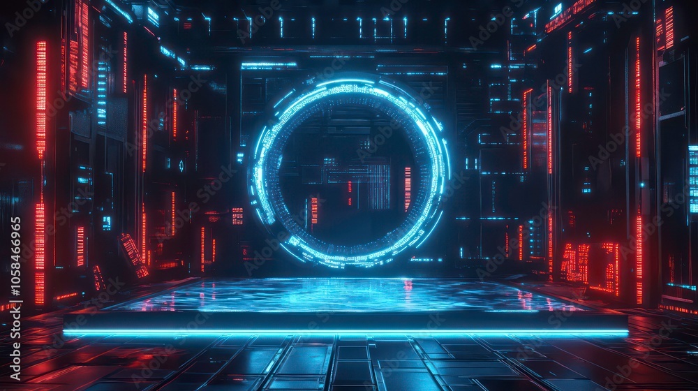 Poster a futuristic digital space featuring a glowing circular portal and illuminated panels.