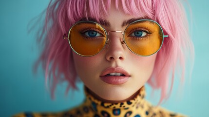 Obraz premium Woman with pink hair and yellow sunglasses. She has a leopard print top on. The image has a bright and cheerful mood