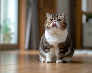A cat sits on the floor and licks its lips. AI.