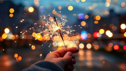 A hand holds a sparkler with a blurred city lights background. AI.